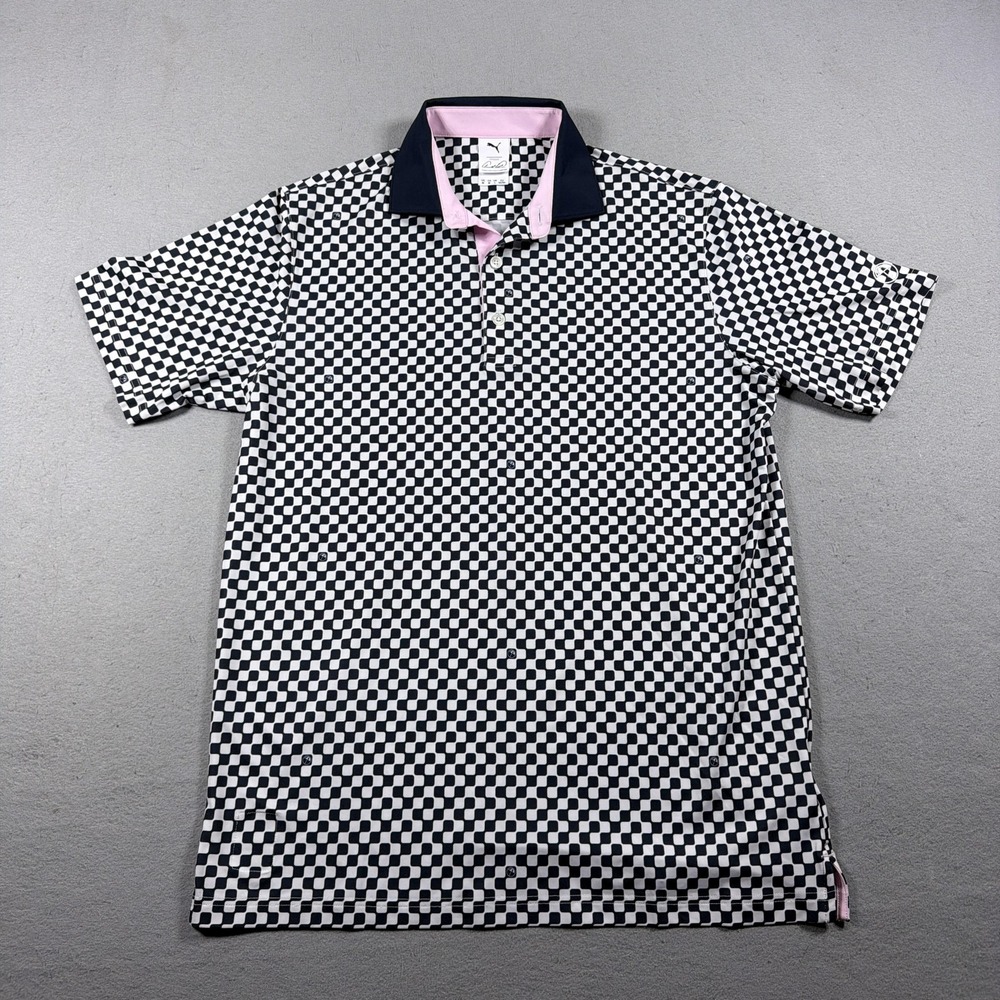 Puma Arnold Palmer Polo Shirt Men M Check Golf Jersey Performance Navy Pink Golf